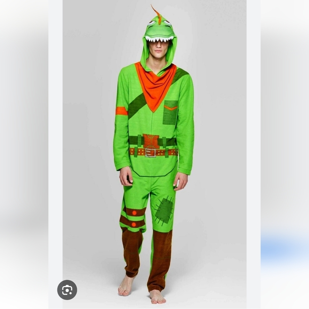 Fortnite Men's Green Dress Like Rex Costume Onesie Animal Pajamas Size Small